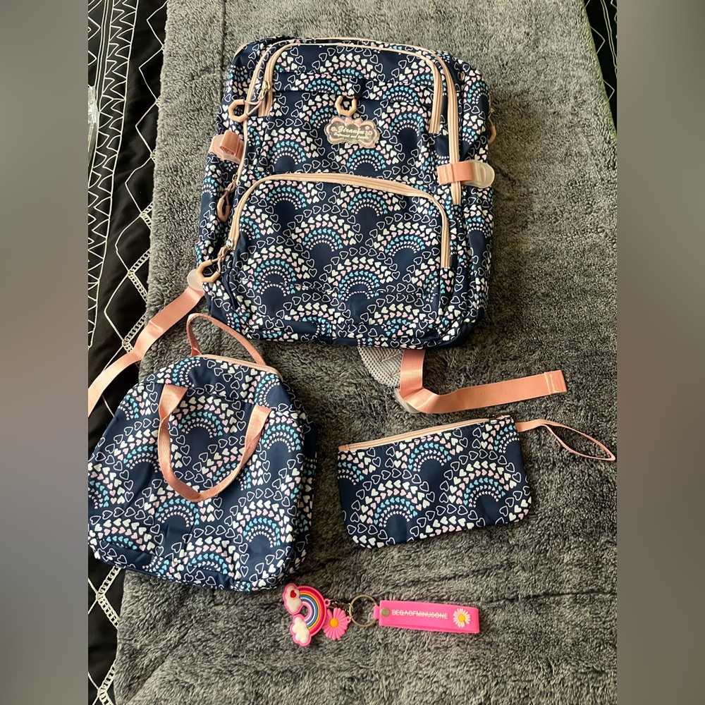 Navy Heart Pattern Pouch and Keychain Set